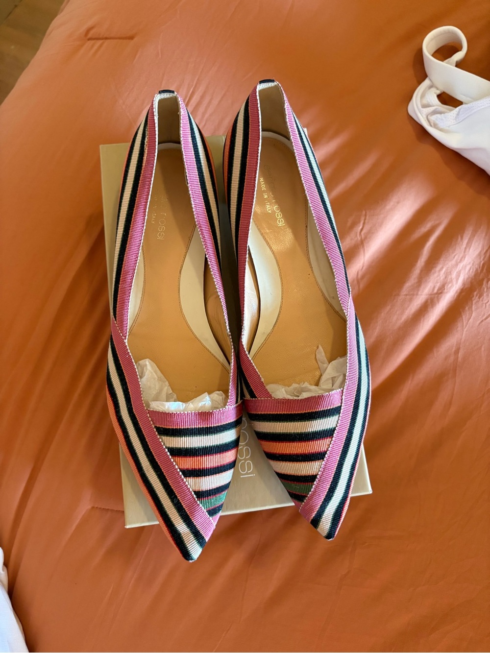 Sergio Rossi Striped Pointed-Toe Flats in Pink, Black & Cream